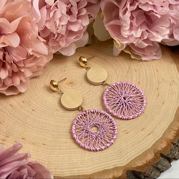 Boho Wood Woven Pink Dream Catcher Earrings - Picture 6 of 14